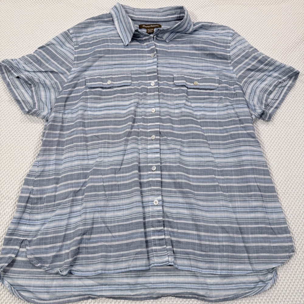 Tommy Bahama Womens XL Short Sleeve Button Shirt Blue Striped Linen Blend Top